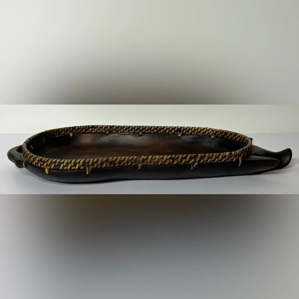 Vintage Wood and Wicker Carved‎ Pig Basket Fruit Trinket Tray 18.5" Long - Picture 5 of 10
